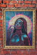 Madonne Cyberpunk, peinture street art d'AFRO — madone pop aux néons cyberpunk