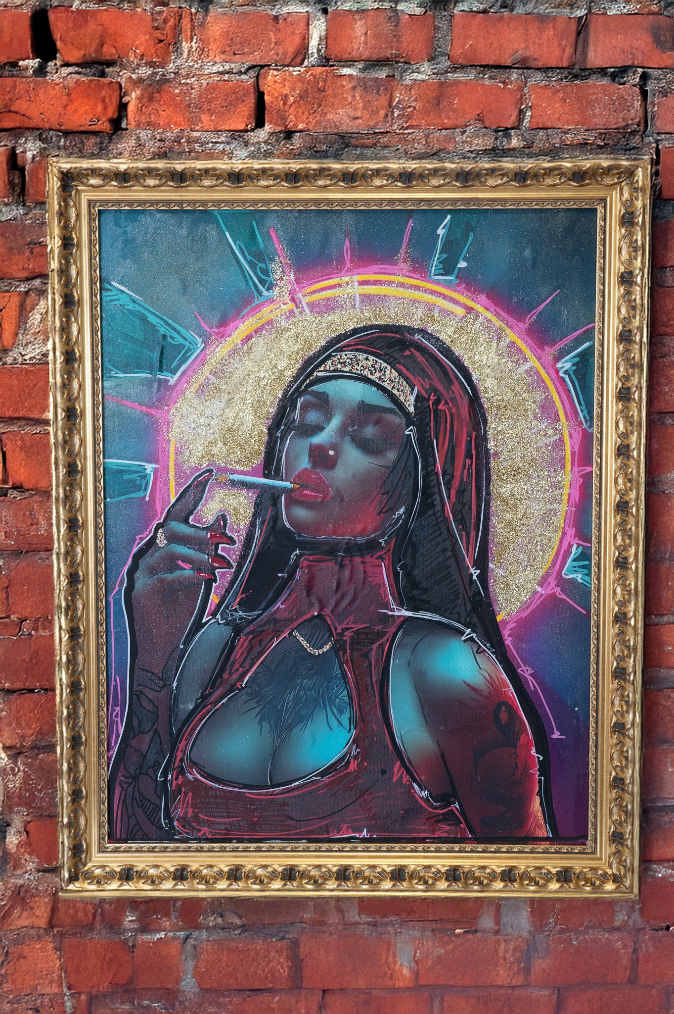 Madonne Cyberpunk, peinture street art d'AFRO — madone pop aux néons cyberpunk