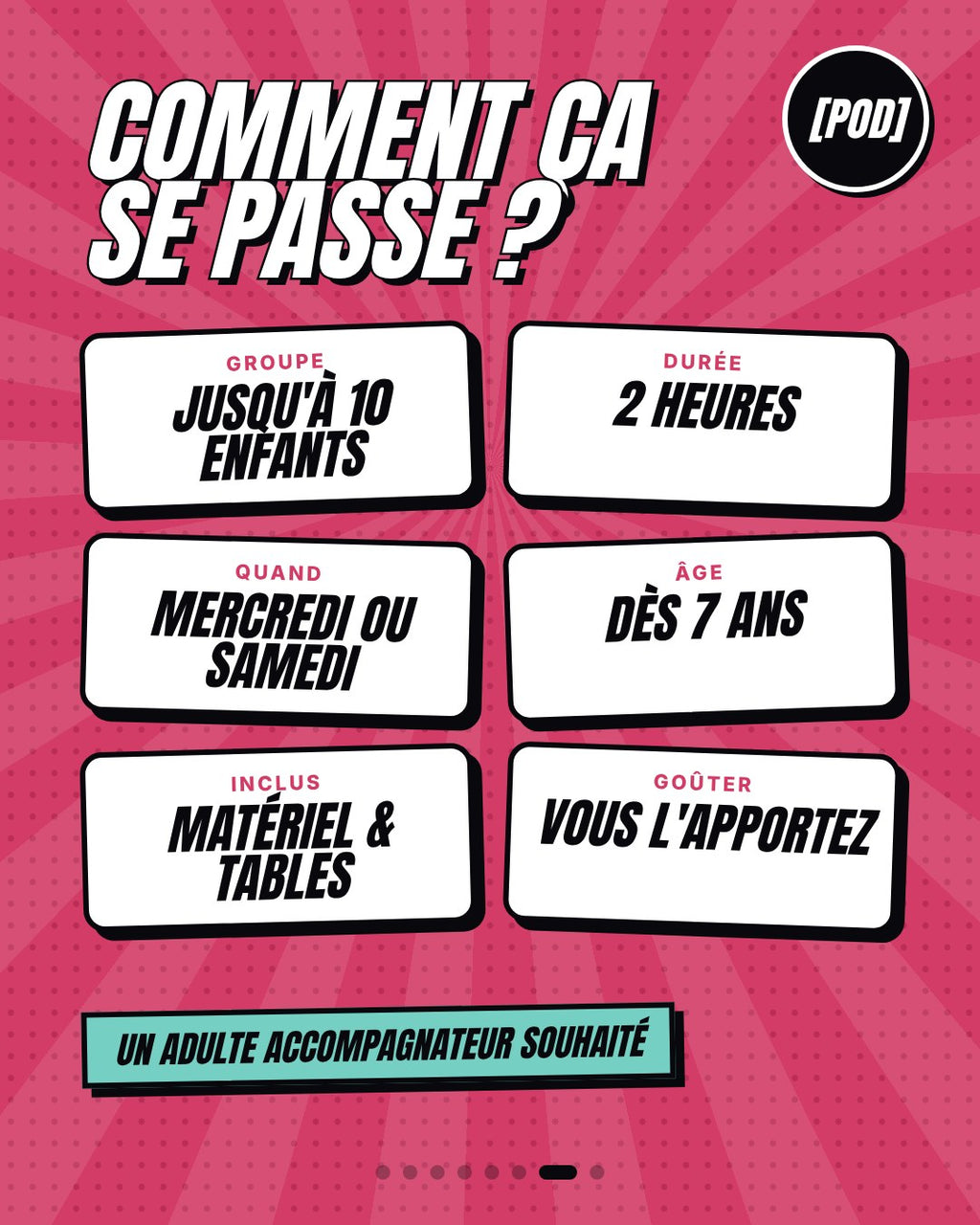 Infos pratiques : jusqu'à 10 enfants, 2 heures, mercredi ou samedi