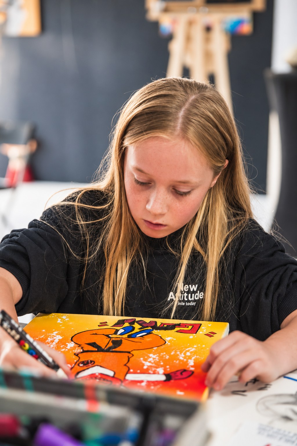 Enfant qui peint son personnage pop art inspiré de la BD