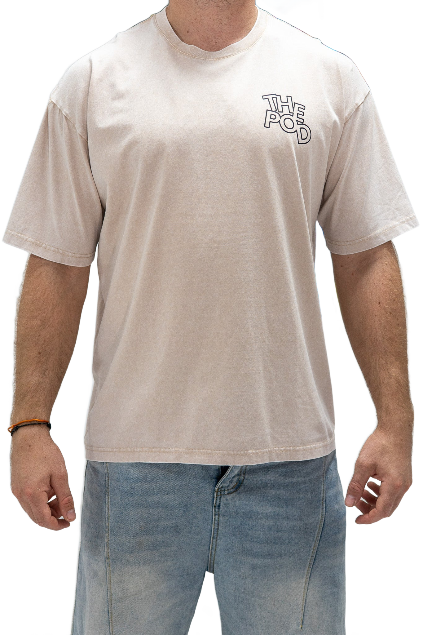T-shirt THE POD beige — porté, face (détouré)